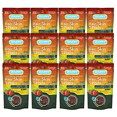 RESTORZ HealthRight Hair Skin & Nails Biotin Gummies, 12 Gummies Per Pack, Case Of 12 Packs