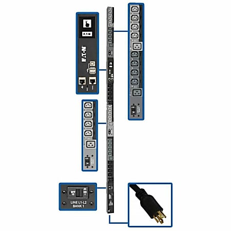 Tripp Lite 10kW 3-Phase Switched PDU, LX Interface, 200/208/240V Outlets (24 C13/6 C19), LCD, NEMA L2130P, 3m/10 ft. Cord, 0U 1.8m/70 in., TAA