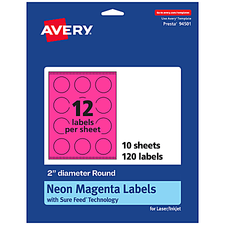 Avery® Print-To-The-Edge Labels With Sure Feed® Technology, 94501-NMP10, Round, 2", Matte Neon Magenta, Pack of 120