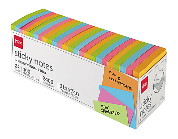 Office Depot® Brand Sticky Notes, With Storage Tray, 3" x 3", Assorted Vivid Colors, 100 Sheets Per Pad, Pack Of 24 Pads