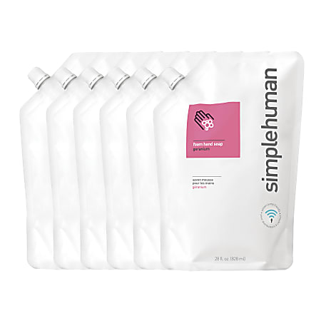 Simplehuman Moisturizing Liquid Hand Soap Refill Pouches, 32 Fl Oz, Geranium, Pack Of 6 Pouches
