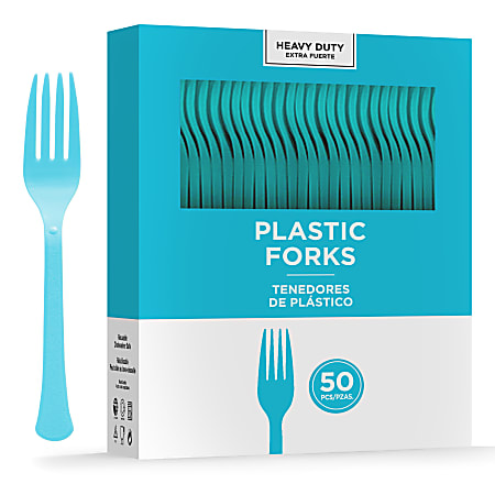 Amscan 8017 Solid Heavyweight Plastic Forks, Caribbean Blue, 50 Forks Per Pack, Case Of 3 Packs