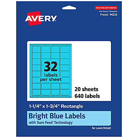 Avery® Printable Labels With Sure Feed® Technology, 94226-BBP20, Rectangle, 1-1/4" x 1-3/4", Matte Bright Blue, Pack of 640