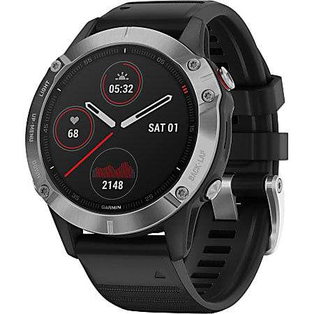 Garmin fÄ“nix 6 GPS Watch - Wrist - 32 GB - 1.3" - Touchscreen - Bluetooth - Wireless LAN - GPS - 336 Hour - Round - 1.85" - Silver Case - Black Band - Glass Lens - Fiber Reinforced Polymer, Metal Case