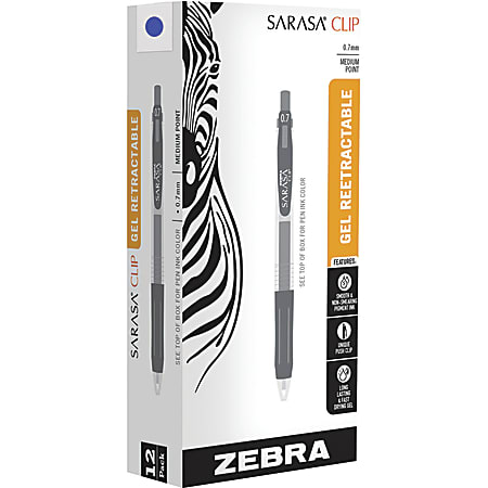 Zebra Pen® Sarasa™ Clip Gel Ink Retractable Pens, 0.7 mm, Medium Point, Clear/Blue Barrel, Blue Ink, Set Of 12 Pens