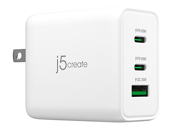 j5create 65W GaN USB-C 3-Port Charger, White, JUP3365