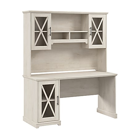 Bush Business Furniture Lennox 60"W Farmhouse Computer Desk With Hutch And Storage Cabinet, Linen White Oak, Standard Delivery