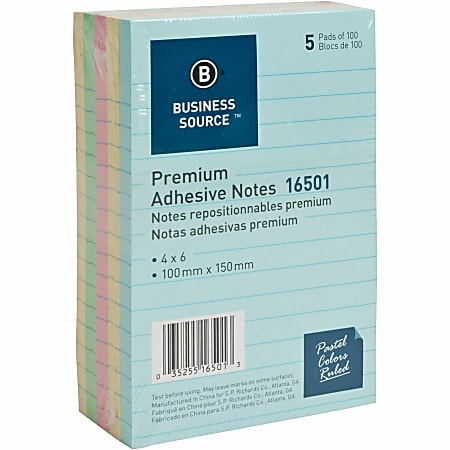 Business Source Ruled Adhesive Notes - 4" x 6" - 100 Sheets - Square - Ruled - Pastel, 5/Pack