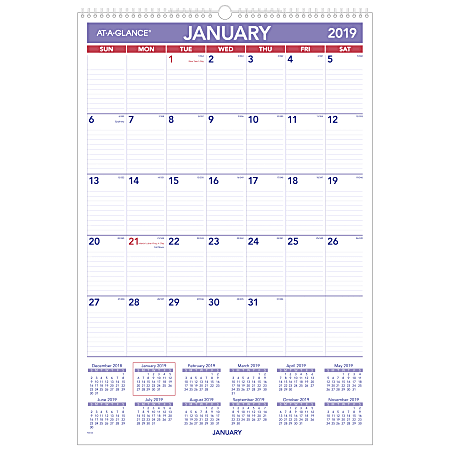 AT-A-GLANCE® Monthly Wall Calendar, 15-1/2" x 22-3/4", January To December 2019