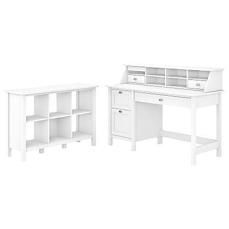 Bush Furniture Broadview 54"W Computer Desk With Pedestal, 6-Cube Bookcase And Organizer, Pure White, Standard Delivery