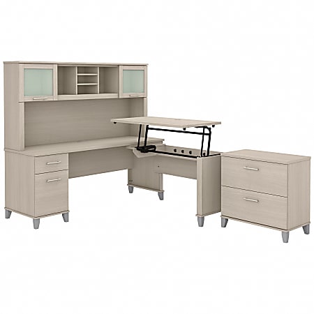 Bush® Furniture Somerset 72"W 3-Position Sit-to-Stand L-Shaped Desk With Hutch And File Cabinet, Sand Oak, Standard Delivery