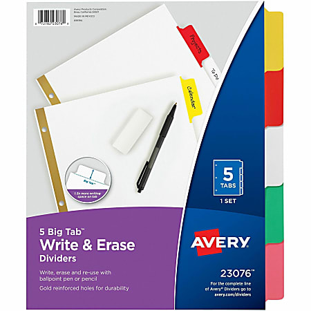 Avery® Big Tab™ Write-On Tab Dividers With Erasable Laminated Tabs, 5-Tab, Multicolor