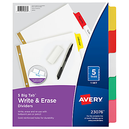 Avery® Big Tab™ Write-On Tab Dividers With Erasable Laminated Tabs, 5-Tab, Multicolor