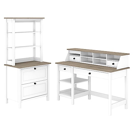 Bush Furniture Mayfield 54"W Computer Desk With Shelves, Desktop Organizer, Lateral File Cabinet And Hutch, Pure White/Shiplap Gray, Standard Delivery