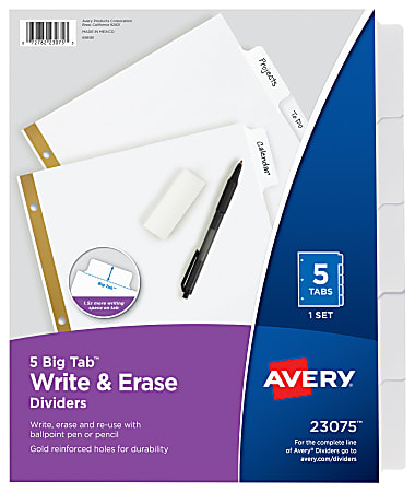 Avery® Big Tab™ Write-On Tab Dividers With Erasable Laminated Tabs, 5-Tab, White