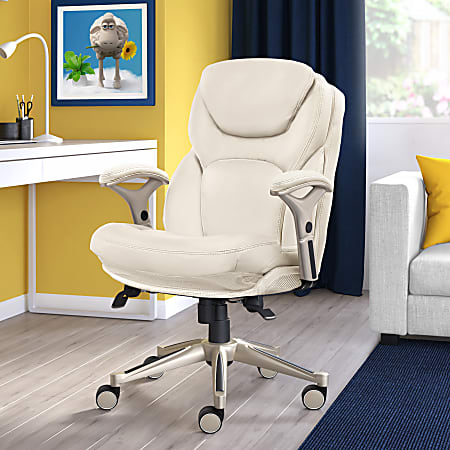 Serta® Works Bonded Leather Mid-Back Office Chair With Back In Motion Technology, Ivory/Silver
