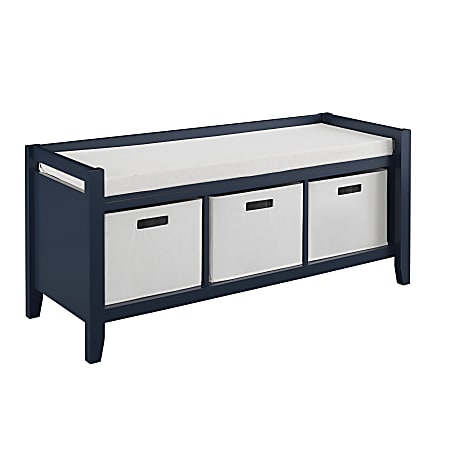 Linon Hale Storage Bench, 21"H x 46-4/5"W x 17-1/8"D, Navy Blue/Cream