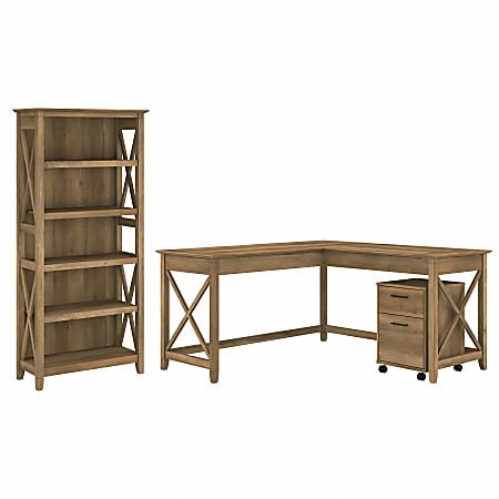 Bush Business Furniture Key West 60"W L-Shaped Corner Desk With 2-Drawer Mobile File Cabinet And 5-Shelf Bookcase, Reclaimed Pine, Standard Delivery