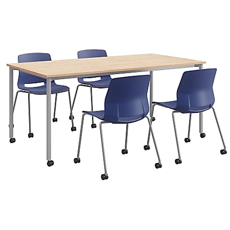 KFI Studios Dailey Table Set With 4 Caster Chairs, Natural/Gray Table/Navy Chairs