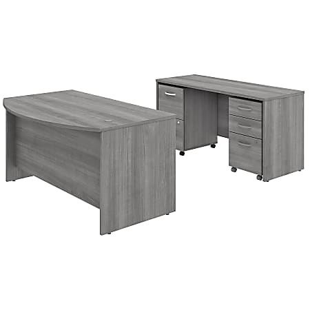 Bush Business Furniture Studio C Bow-Front Desk And Credenza With Mobile File Cabinets, 60"W x 36"D, Platinum Gray, Standard Delivery