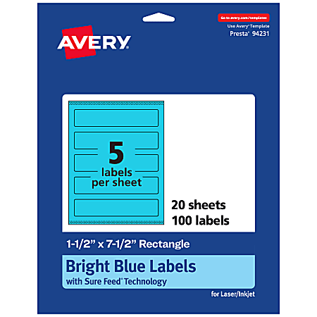 Avery® Print-To-The-Edge Labels With Sure Feed® Technology, 94231-BBP20, Rectangle, 1-1/2" x 7-1/2", Matte Bright Blue, Pack of 100