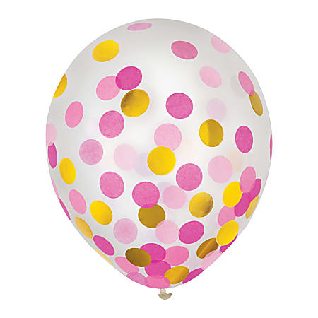 Amscan 12" Confetti Balloons, Gold/Pink, 6 Balloons Per Pack, Set Of 4 Packs