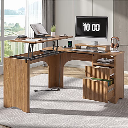 Bestier 55"W L-Shaped Adjustable Height Computer Standing Desk, Walnut, Total Qty 1