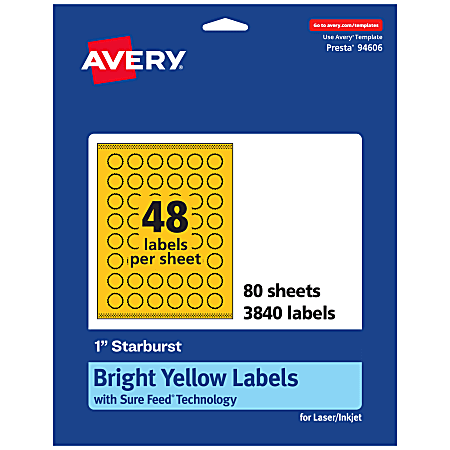 Avery® Print-To-The-Edge Labels With Sure Feed® Technology, 94606-BYP80, Starburst, 1", Matte Bright Yellow, Pack of 3840