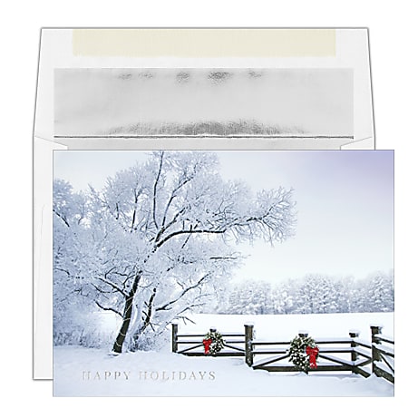 Custom Embellished Holiday Cards And Foil Envelopes, 7-7/8" x 5-5/8", Frosty Winter Scene, Box Of 25 Cards