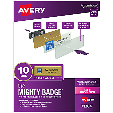 Avery® The Mighty Badge Magnetic Badges For Laser Printers, 1" x 3", Gold, Pack Of 10 Badges