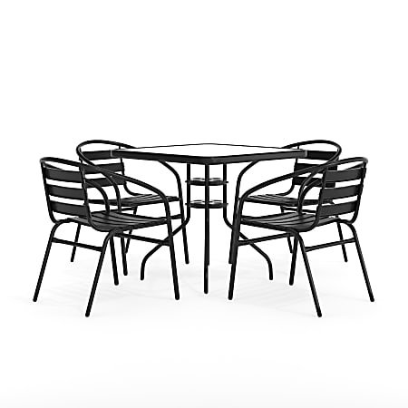Flash Furniture Square Glass Metal Table With 4 Aluminum Slat Stack Chairs, 28"H x 31-1/2"W x 31-1/2"D, Clear/Black