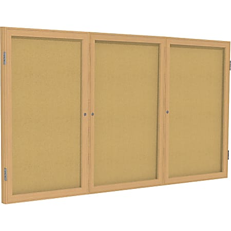 Ghent 3 Door Enclosed Natural Cork Bulletin Board with Oak Wood Frame - 48" Board x 96" Board- Natural Cork Surface - PW34896K