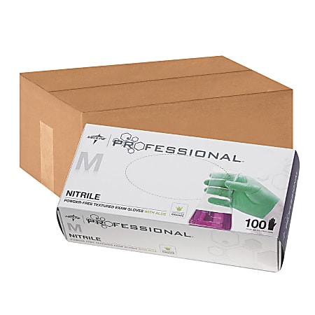 Medline Professional Powder-Free Nitrile Exam Gloves With Aloe, Medium, Green, 100 Gloves Per Box, Case Of 10 Boxes