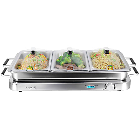 MegaChef 3-In-1 Electric Chaffing Buffet Server And Warming Tray With Three 2.63 Qt Trays And One 8.6 Qt Baking Pan, Silver