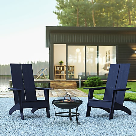 Flash Furniture Sawyer Modern All-Weather 2-Slat Poly Resin Adirondack Chairs With 22" Round Fire Pit, 39-1/2&rdquo;H x 30-1/2&rdquo;W x 37-1/2&rdquo;D, Navy