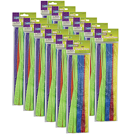 Creativity Street Regular Stems, 12", Assorted Hot Colors, 100 Stems Per Pack, Set Of 12 Packs