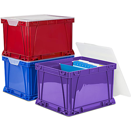 Storex 3 Piece Cube Storage Bins External Dimensions 14.3 Width x 17.3  Depth x 10.5 Height Stackable Plastic Assorted Bright For File Recycled 3  Set - Office Depot