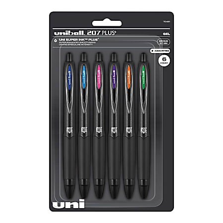 uni-ball® 207 Plus+ Retractable Gel Pens, Medium Point, 0.7 mm, Black Barrel, Assorted Ink, Pack Of 6 Pens