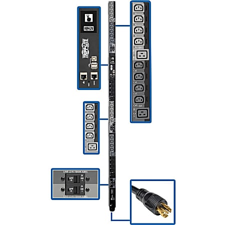 Tripp Lite 17.3kW 3-Phase Switched PDU, LX Platform Interface, 240V Outlets (24 C13/6 C19), Touchscreen LCD, NEMA L22-30P 415V, 0U, TAA - Power distribution unit (rack-mountable) - 24 A - AC 415 V - 17.3 kW - 3-phase
