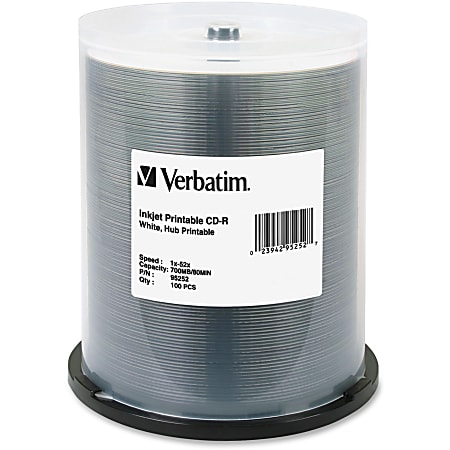 Verbatim® CD-R Printable Disc Spindle, White, Pack Of 100 