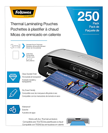 Fellowes® Thermal Laminating Pouches, Letter Size, 3 Mil, 9" x 11-1/2", Ultra-Clear, Pack of 250 Pouches