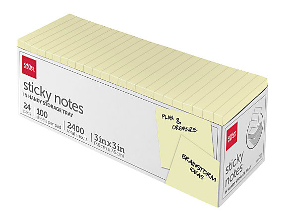 Office Depot® Brand Sticky Notes, With Storage Tray, 3" x 3", Yellow, 100 Sheets Per Pad, Pack Of 24 Pads