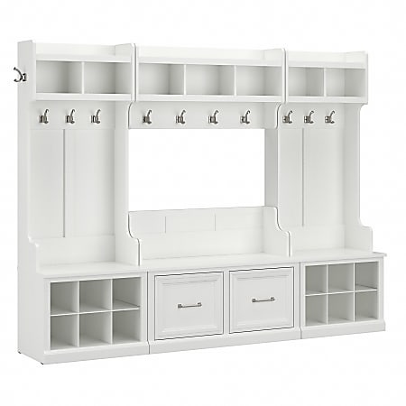 Bush Furniture Woodland Full Entryway Storage Set With Coat Rack And Shoe Bench With Doors, White Ash, Standard Delivery