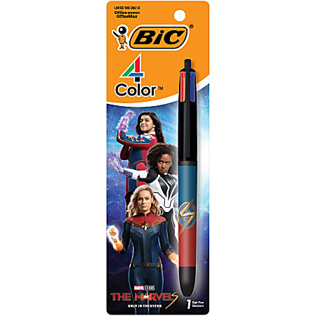 BIC 4 Color Marvel Studios' The Marvels Edition Retractable Ballpoint Pen, Medium Point, 1.0 mm, Black Barrel, Assorted Ink Colors, Pack of 1