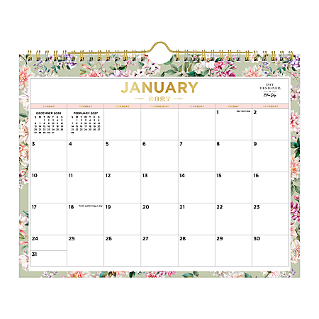 2027 Blue Sky Day Designer Pemberly Light Green Sage Monthly Wall Calendar, 11x8.75, Safety Wirebound, Monthly Layout, Jan-Dec 2027, Qty 1