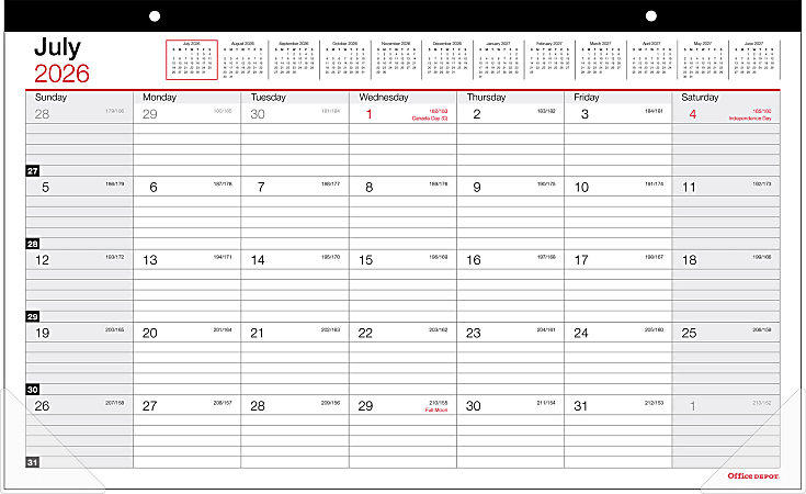 2026-2027 Office Depot® Brand Monthly Academic Desk Calendar, 17-3/4" x 10-7/8", 30% Recycled, July 2026 To June 2027