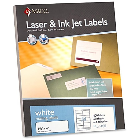 MACO® White Laser/Ink Jet Address Labels, ML-1400, Permanent Adhesive, 1 21/64"W x 4"L, Rectangle, White, 14 Per Sheet, Box Of 1,400