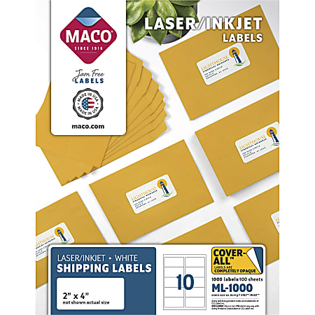 MACO® Shipping Labels For Laser/Inkjet Printers, MML-1000, Rectangle, 2" x 4", White, Box Of 1,000