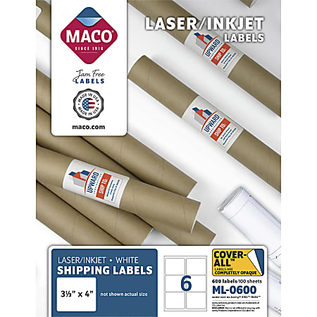 MACO® Shipping Labels For Laser/Inkjet Printers, ML-0600, Rectangle, 3-1/3" x 4", White, Box Of 600 Labels