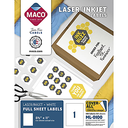 MACO® Full Sheet Labels For Laser/Inkjet Printers, MML-0100, 8 1/2" x 11", Rectangle, White, Box Of 100